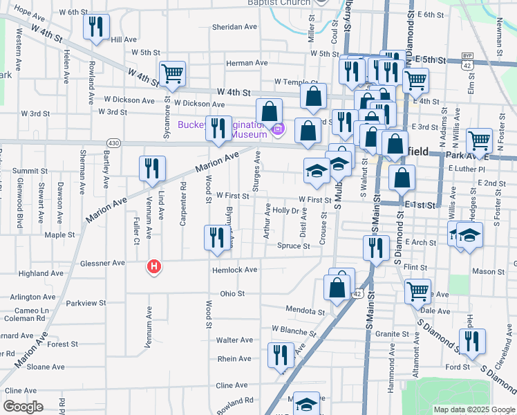 map of restaurants, bars, coffee shops, grocery stores, and more near 182 W 1st St in Mansfield