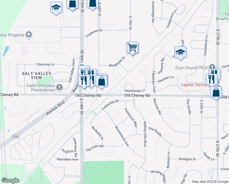 map of restaurants, bars, coffee shops, grocery stores, and more near 1633 Normandy Court in Lincoln