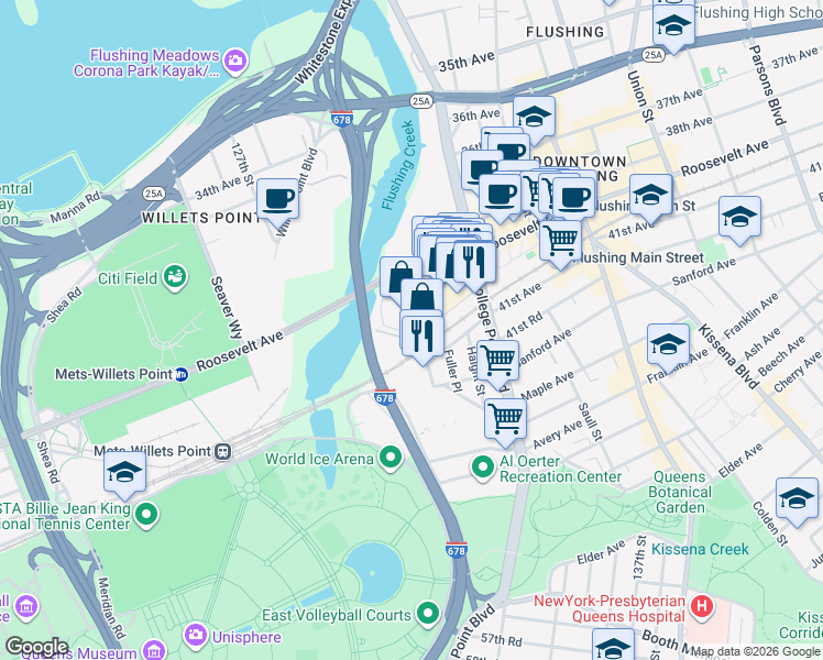 map of restaurants, bars, coffee shops, grocery stores, and more near 131-07 40th Road in Queens