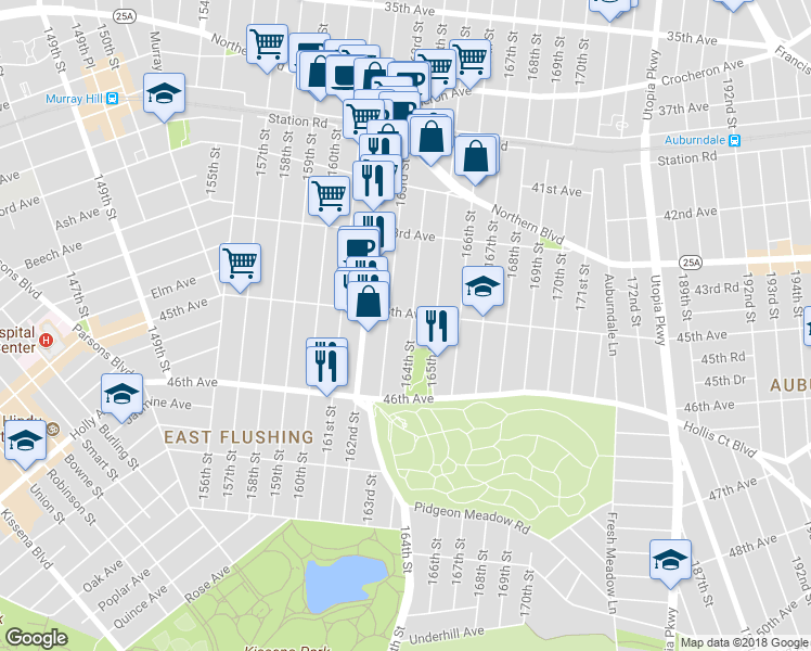map of restaurants, bars, coffee shops, grocery stores, and more near 45-12 164th Street in Queens