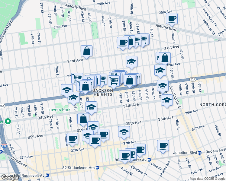 map of restaurants, bars, coffee shops, grocery stores, and more near Northern Blvd & 86th St in Queens
