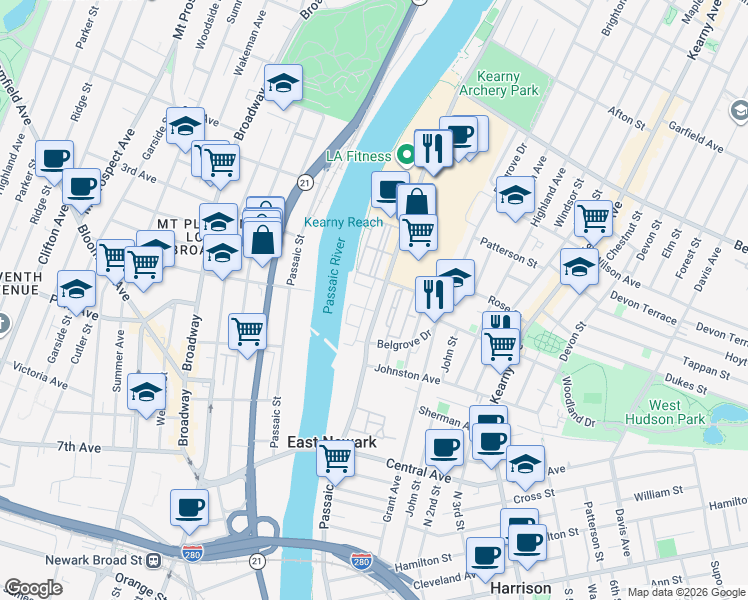 map of restaurants, bars, coffee shops, grocery stores, and more near 65 Passaic Avenue in Kearny