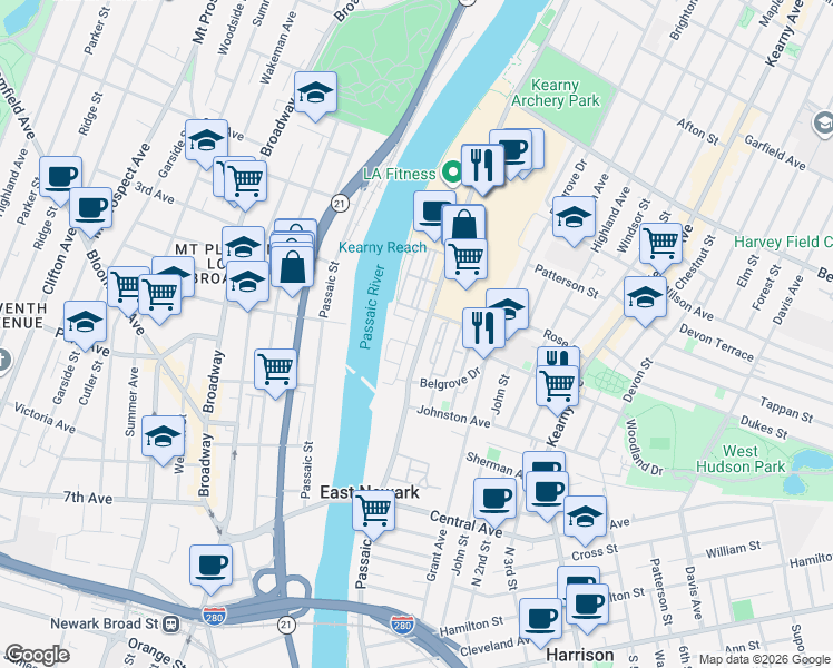 map of restaurants, bars, coffee shops, grocery stores, and more near 65 Passaic Avenue in Kearny