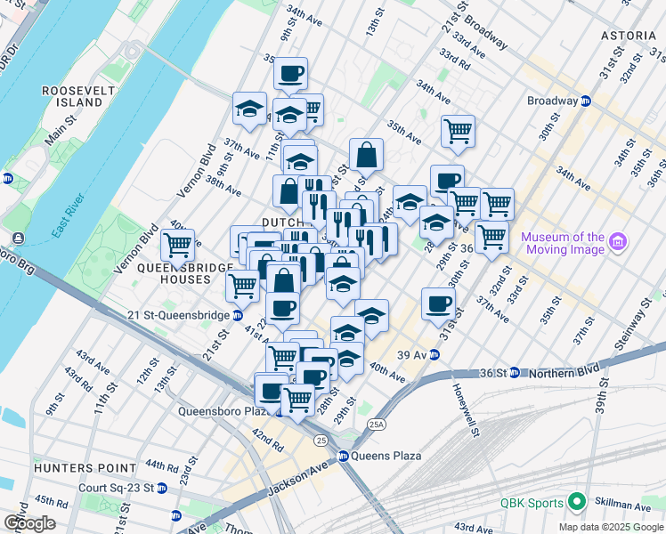 map of restaurants, bars, coffee shops, grocery stores, and more near in Queens
