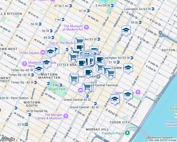 map of restaurants, bars, coffee shops, grocery stores, and more near 390 Madison Avenue in New York