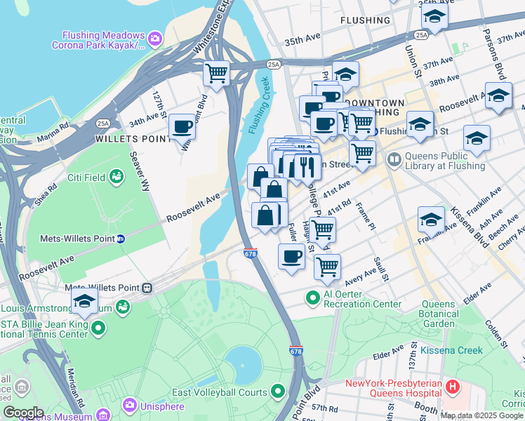 map of restaurants, bars, coffee shops, grocery stores, and more near 131-14 Roosevelt Avenue in Queens