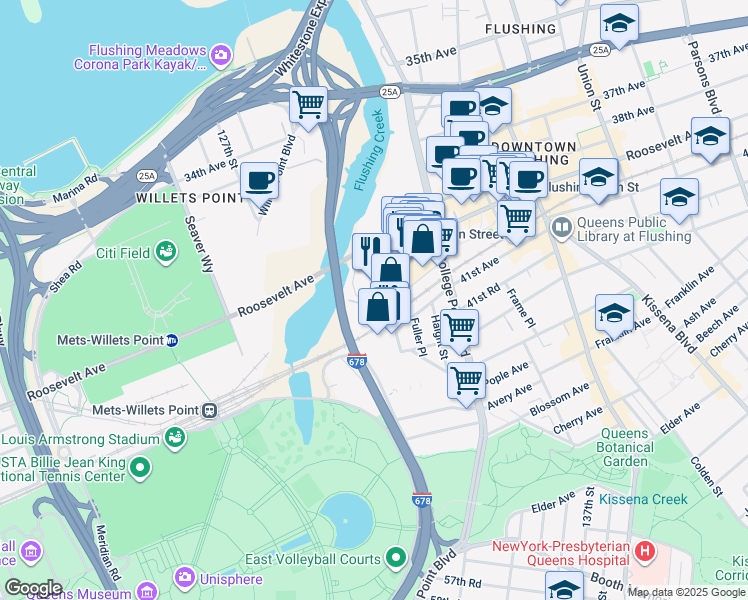 map of restaurants, bars, coffee shops, grocery stores, and more near 131-14 Roosevelt Avenue in Queens