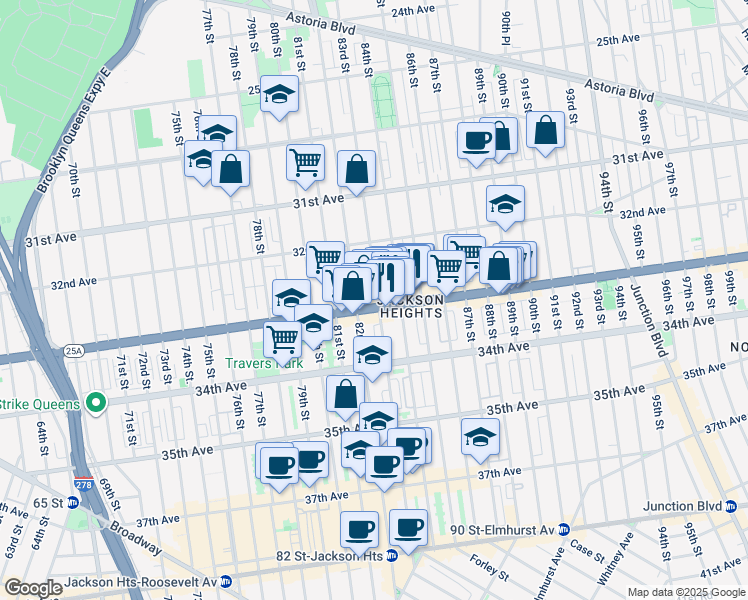 map of restaurants, bars, coffee shops, grocery stores, and more near 32-46 84th Street in Queens