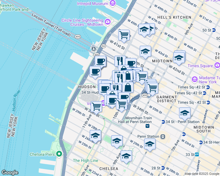 map of restaurants, bars, coffee shops, grocery stores, and more near 400 11th Avenue in New York