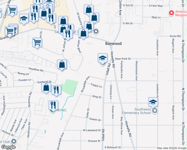 map of restaurants, bars, coffee shops, grocery stores, and more near 2030 Udall Road in Bay Shore