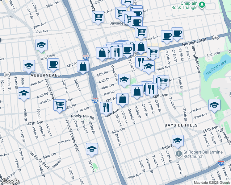 map of restaurants, bars, coffee shops, grocery stores, and more near 46-16 Oceania Street in Queens