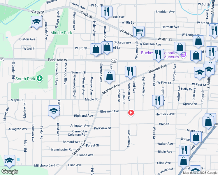 map of restaurants, bars, coffee shops, grocery stores, and more near 86 Bartley Ave in Mansfield