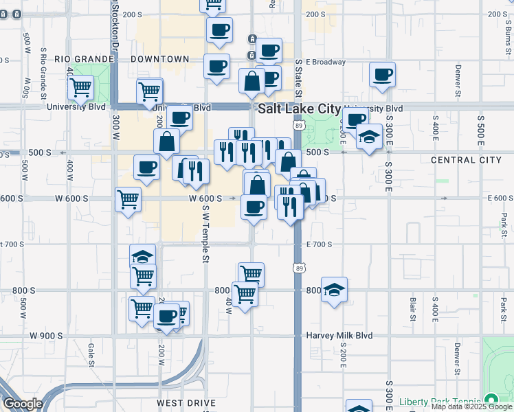 map of restaurants, bars, coffee shops, grocery stores, and more near 611 South Main Street in Salt Lake City