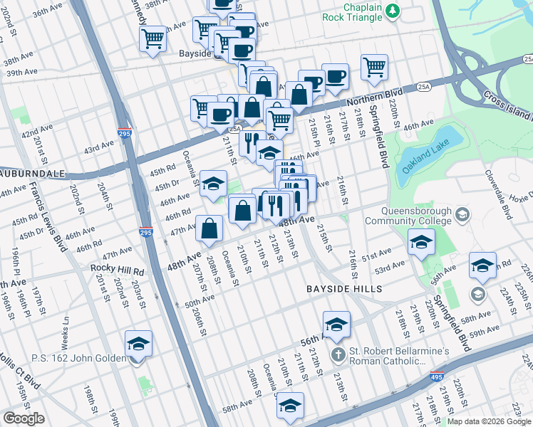 map of restaurants, bars, coffee shops, grocery stores, and more near 47-03 213th Street in Queens