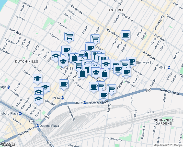 map of restaurants, bars, coffee shops, grocery stores, and more near 35-31 33rd Street in Queens