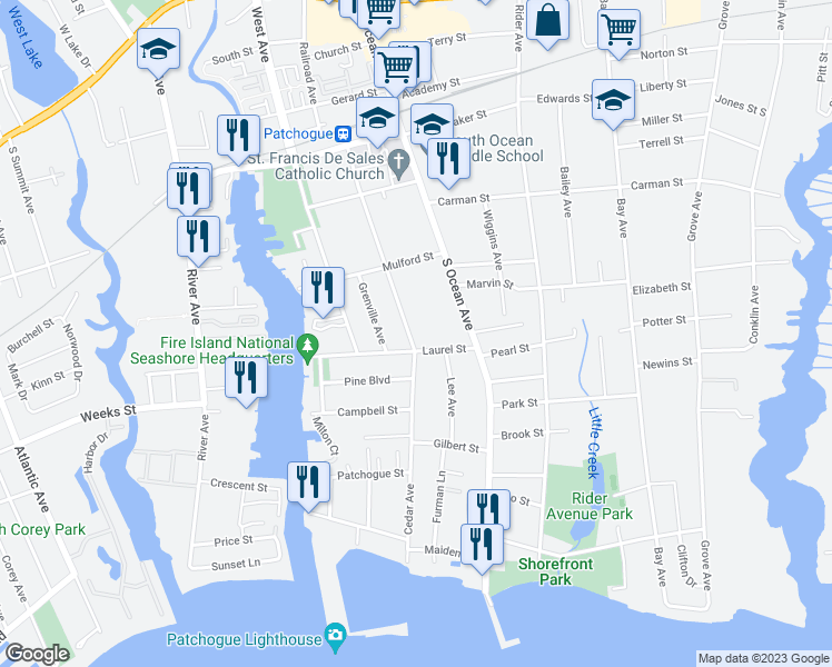 map of restaurants, bars, coffee shops, grocery stores, and more near 137 Cedar Avenue in Patchogue