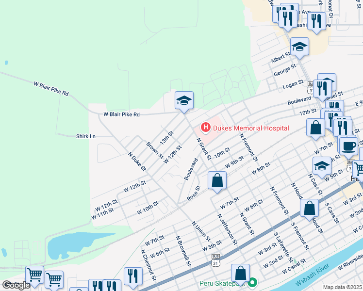map of restaurants, bars, coffee shops, grocery stores, and more near 301 West 12th Street in Peru