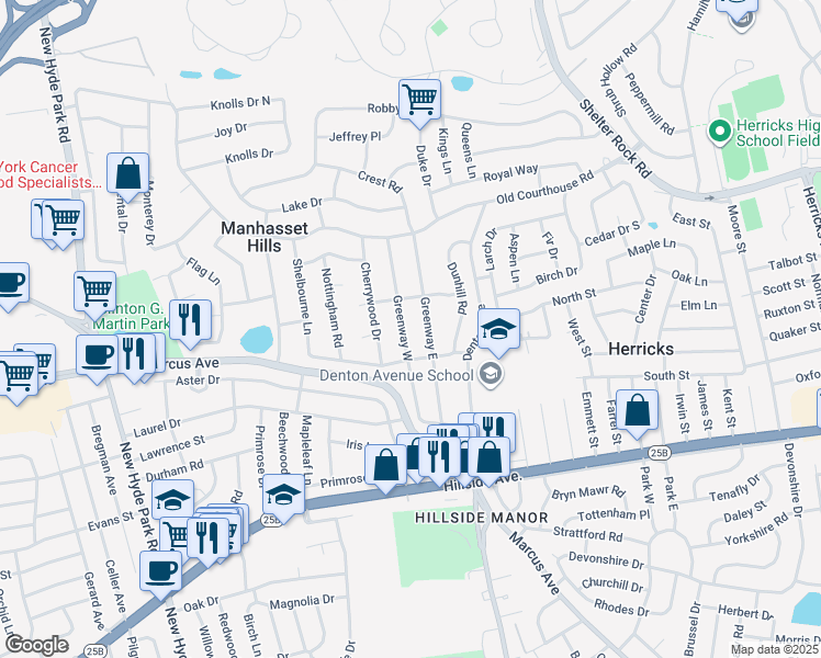 map of restaurants, bars, coffee shops, grocery stores, and more near 93 Greenway East in New Hyde Park
