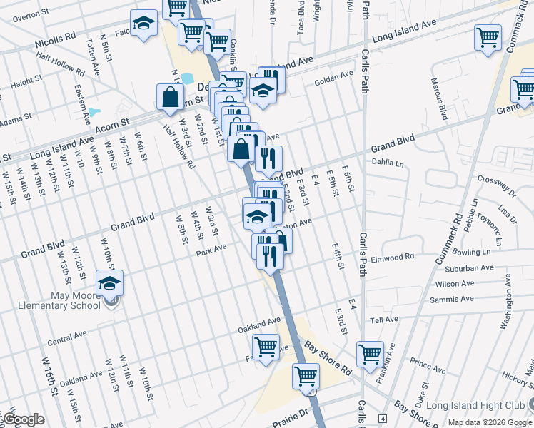 map of restaurants, bars, coffee shops, grocery stores, and more near 135 East 1st Street in Deer Park