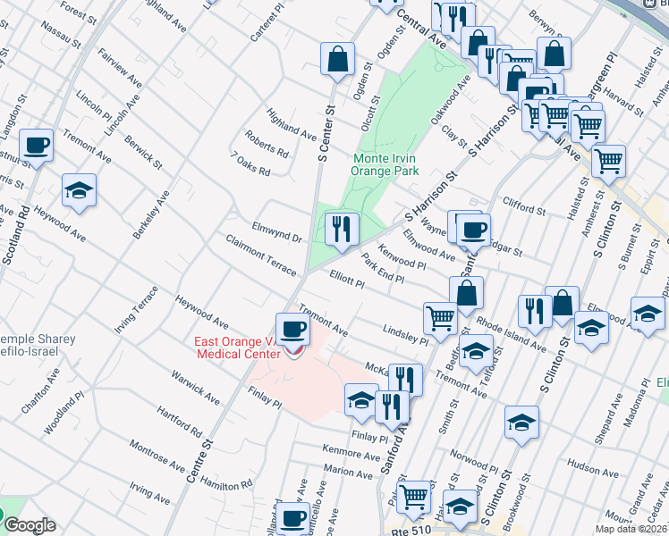 map of restaurants, bars, coffee shops, grocery stores, and more near 462 South Harrison Street in City of Orange