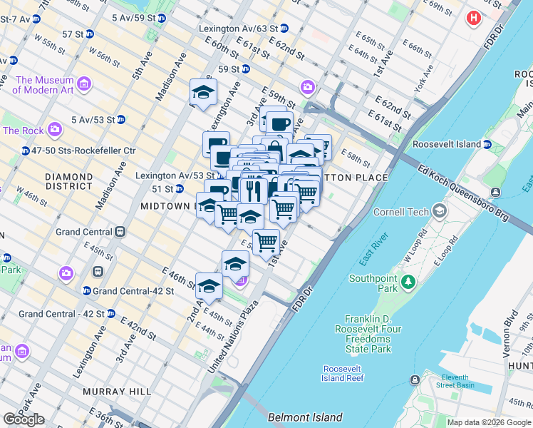 map of restaurants, bars, coffee shops, grocery stores, and more near 313 East 53rd Street in New York