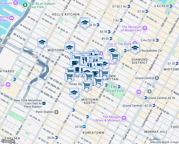 map of restaurants, bars, coffee shops, grocery stores, and more near 3 7th Avenue in New York