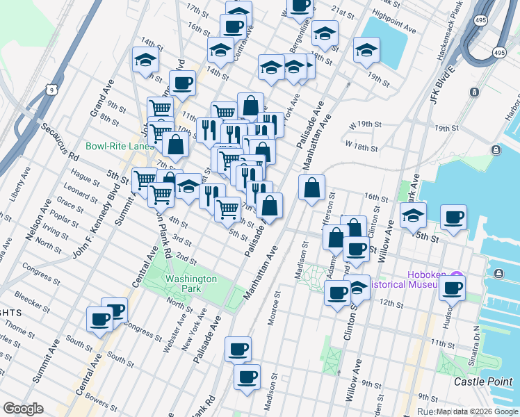 map of restaurants, bars, coffee shops, grocery stores, and more near 308 8th Street in Union City