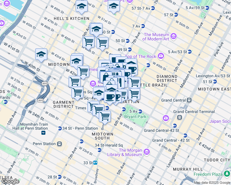 map of restaurants, bars, coffee shops, grocery stores, and more near 185 West 43rd Street in New York
