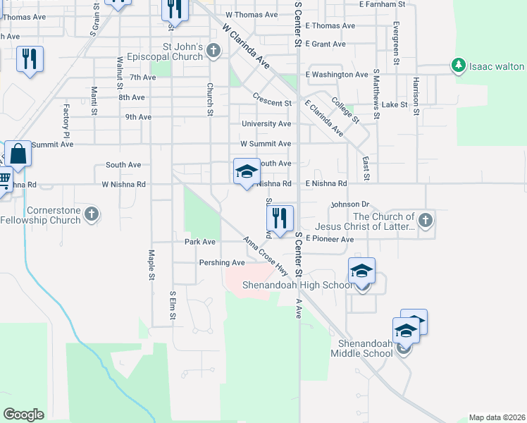 map of restaurants, bars, coffee shops, grocery stores, and more near 300-398 West Nishna Road in Shenandoah