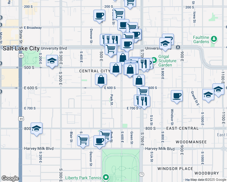 map of restaurants, bars, coffee shops, grocery stores, and more near 607 Park Street in Salt Lake City
