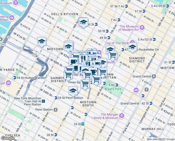 map of restaurants, bars, coffee shops, grocery stores, and more near 5 Times Square in New York