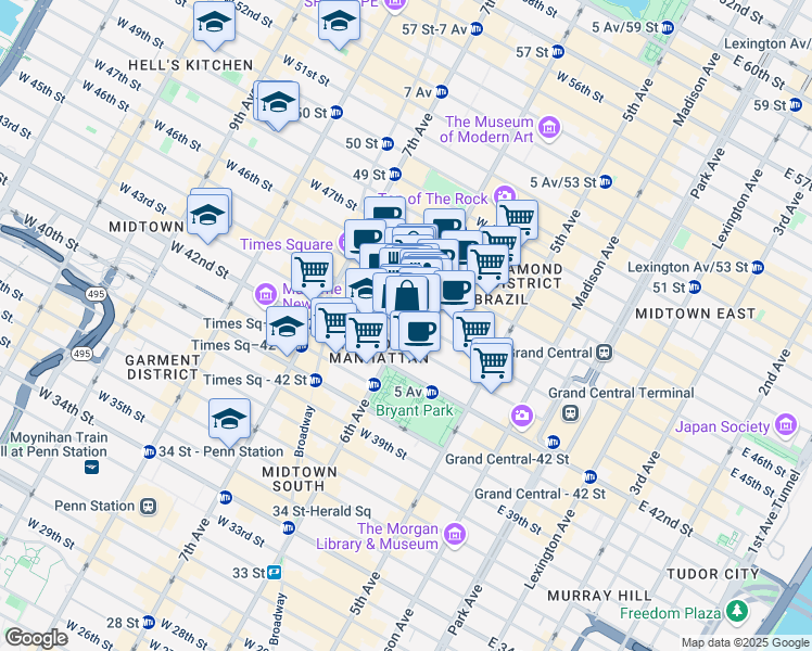 map of restaurants, bars, coffee shops, grocery stores, and more near 1133 6th Avenue in New York