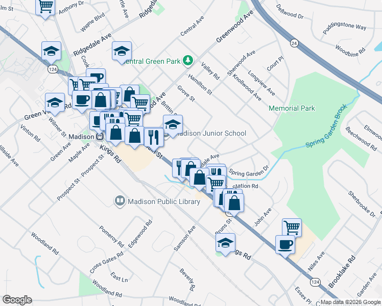 map of restaurants, bars, coffee shops, grocery stores, and more near 34 Highland Avenue in Madison
