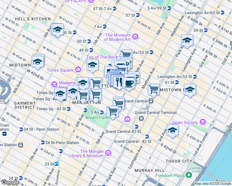 map of restaurants, bars, coffee shops, grocery stores, and more near 21 West 46th Street in New York