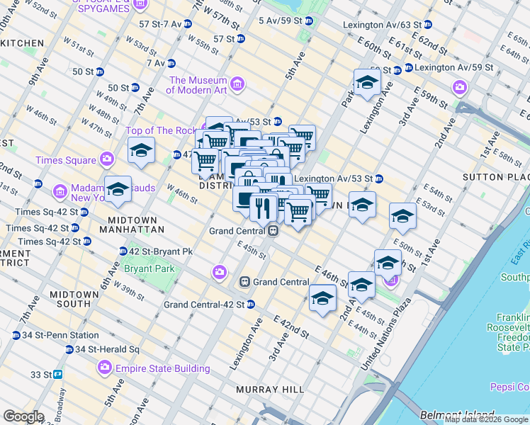 map of restaurants, bars, coffee shops, grocery stores, and more near 270 Park Avenue in New York