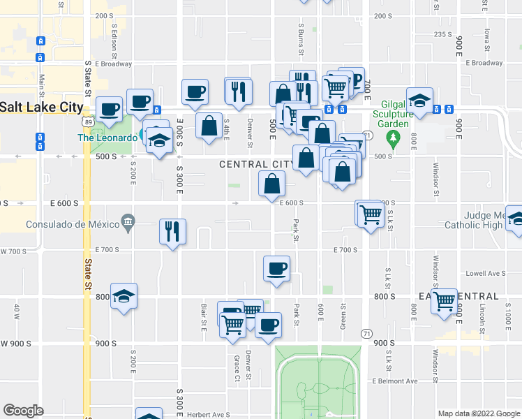 map of restaurants, bars, coffee shops, grocery stores, and more near 464 East 600 South in Salt Lake City