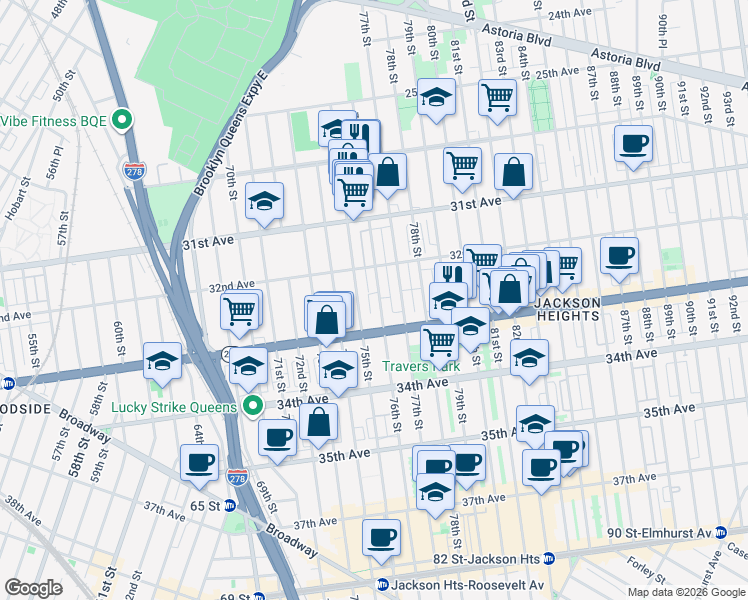 map of restaurants, bars, coffee shops, grocery stores, and more near 32-36 76th Street in Queens