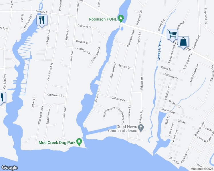 map of restaurants, bars, coffee shops, grocery stores, and more near 134 Evergreen Lane in East Patchogue