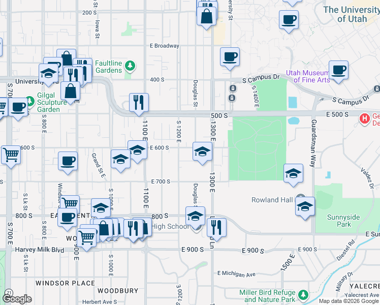 map of restaurants, bars, coffee shops, grocery stores, and more near 1220 East 600 South in Salt Lake City