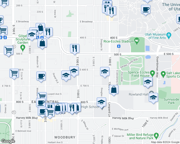 map of restaurants, bars, coffee shops, grocery stores, and more near 587 Elizabeth Street in Salt Lake City