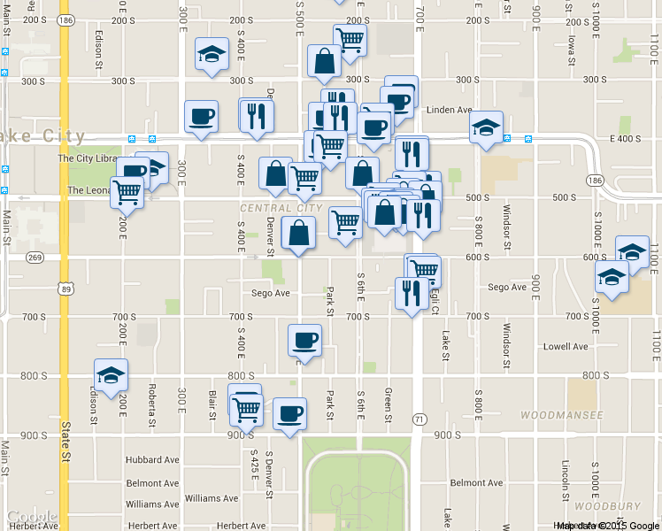 map of restaurants, bars, coffee shops, grocery stores, and more near 519 East 600 South in Salt Lake City