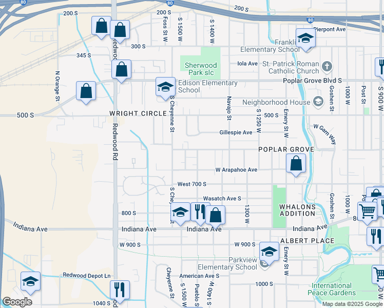 map of restaurants, bars, coffee shops, grocery stores, and more near 1470 West 600 South in Salt Lake City