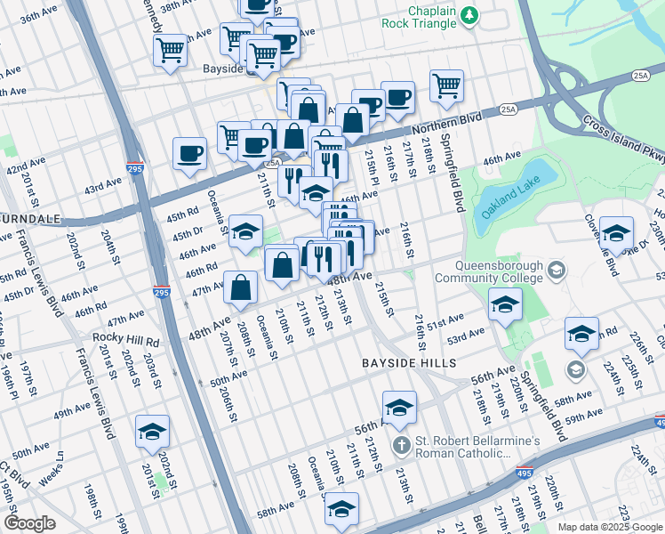 map of restaurants, bars, coffee shops, grocery stores, and more near 47-03 213th Street in Queens