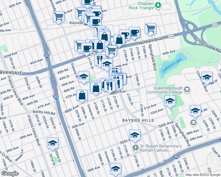 map of restaurants, bars, coffee shops, grocery stores, and more near 47-03 213th Street in Queens