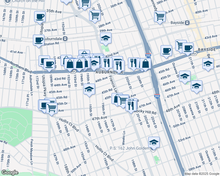 map of restaurants, bars, coffee shops, grocery stores, and more near 53 45th Avenue in Queens