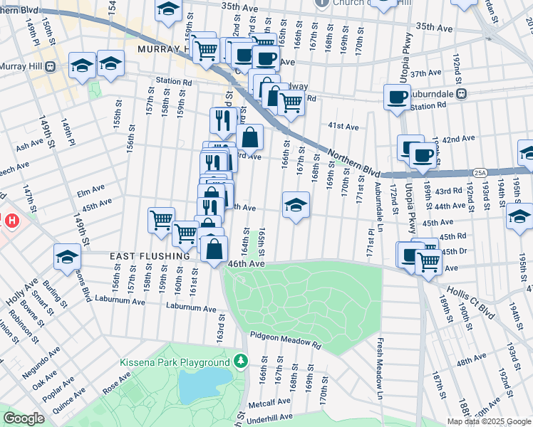 map of restaurants, bars, coffee shops, grocery stores, and more near 43-73 165th Street in Queens
