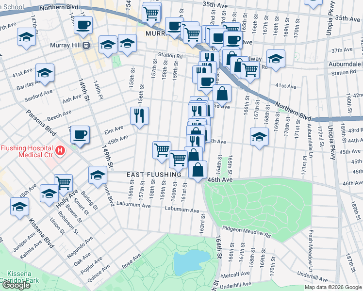 map of restaurants, bars, coffee shops, grocery stores, and more near 160-07 45th Avenue in Queens
