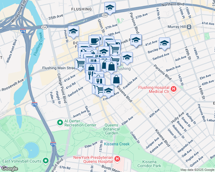 map of restaurants, bars, coffee shops, grocery stores, and more near 42-6 Kissena Boulevard in Queens