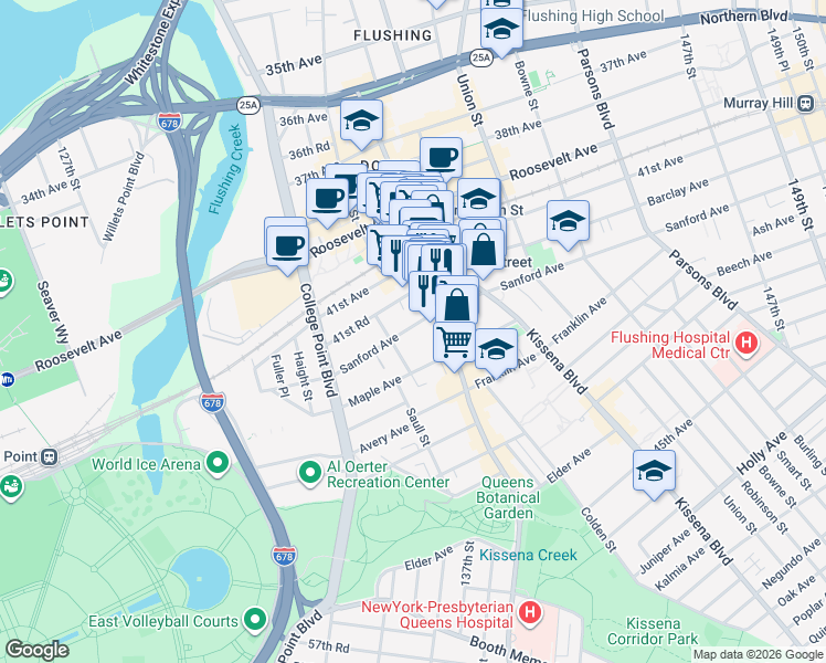 map of restaurants, bars, coffee shops, grocery stores, and more near 136-31 41st Avenue in Queens