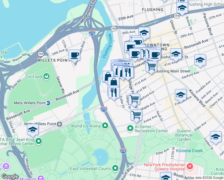 map of restaurants, bars, coffee shops, grocery stores, and more near 131-07 40th Road in Queens